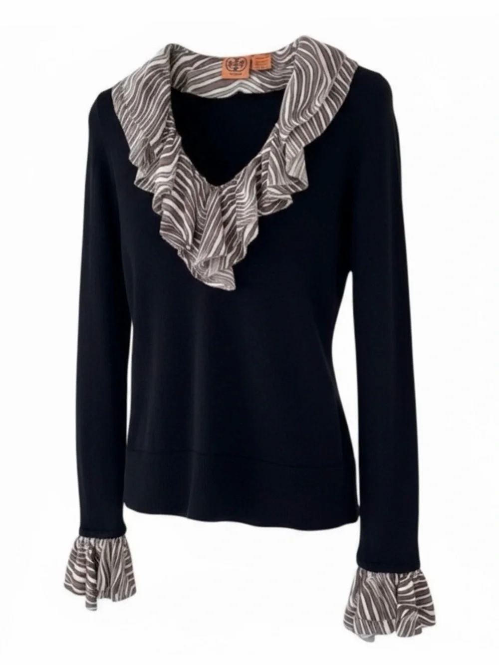 Tory Burch Black 3 in 1 V-Neck Wool Knit Sweater with Removable Collar & Cuffs